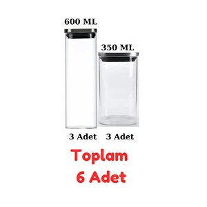 Vakum Krom Kapaklı Kare Cam Kavanoz 600ml 350ml Saklama Kabı 6 Adet