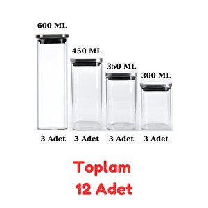Vakum Krom Kapaklı Kare Cam Kavanoz 600ml 450ml 350 Ml 300 Ml  Saklama Kabı 12 Adet