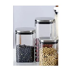 Vakum Krom Kapaklı Kare Cam Kavanoz 6x6*18 Cm -600 Ml Cam Baharatlık Saklama Kabı 4 Adet