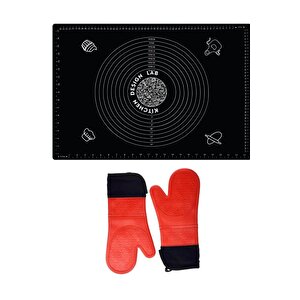 2'li Set Siyah 45x65 Cm Silikon Hamur Açma Matı Ve Kırmızı Silikon Yanmaz Mutfak Fırın Eldiveni