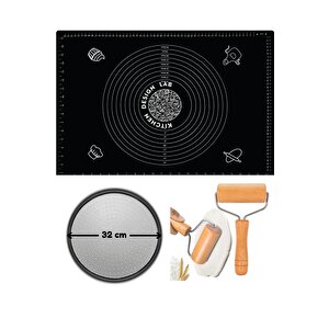 Siyah Silikon Hamur Açma Matı 45 X 65 Cm, 32 Cm Pizza Tepsisi Ve Ahşap Saplı Hamur Açıcı