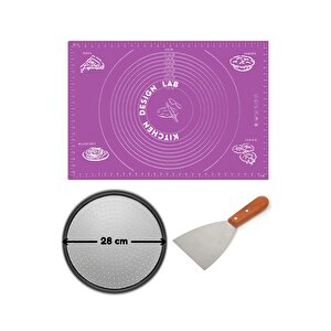 Mor Hamur Açma Matı 45 X 65 Cm, 28 Cm Pizza Tepsisi Ve Ahşap Uzun Saplı Hamur Ve Pizza Kesici