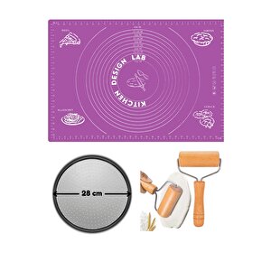 Mor Silikon Hamur Açma Matı 45 X 65 Cm, 28 Cm Pizza Tepsisi Ve Ahşap Saplı Hamur Açıcı