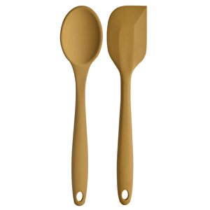 Büyük Boy Yanmaz Yapışmaz Silikon Sarı Renkte Yassı Ve Kaşık Spatula 2'li Set