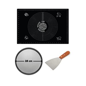 Siyah Hamur Açma Matı 45 X 65 Cm, 28 Cm Pizza Tepsisi Ve Ahşap Uzun Saplı Hamur Ve Pizza Kesici