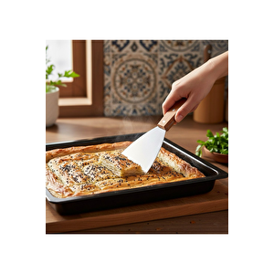 Siyah Hamur Açma Matı 45 X 65 Cm, 28 Cm Pizza Tepsisi Ve Ahşap Uzun Saplı Hamur Ve Pizza Kesici