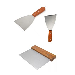 Paslanmaz Çelik Ahşap Saplı Hamur Pasta Börek Şekillendirici Kesici Spatula 3 Lü Set