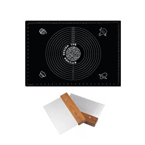 Siyah 45x65 Cm Silikon Hamur Açma Matı Ve Paslanmaz Çelik Ahşap Saplı Hamur  Kesici Kazıyıcı Spatula