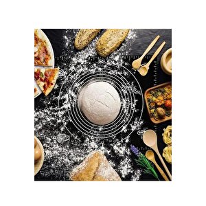 Siyah 45x65 Cm Silikon Hamur Açma Matı Ve Paslanmaz Çelik Ahşap Saplı Hamur  Kesici Kazıyıcı Spatula