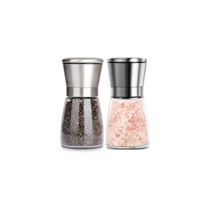 Cam Gövdeli Metal Krom Renk Kapaklı Tuz Karabiber Değirmeni Tuz Karabiber Öğütücü 10 Cm 2 Adet