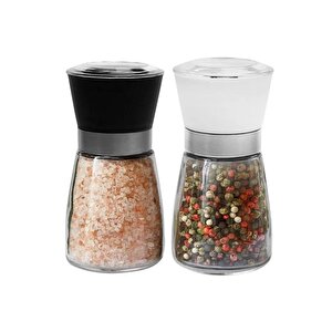 Baharat Öğütücüsü, Cam Gövdeli Kapaklı 10 Cm 2 Adet, Siyah Beyaz Tuz Karabiber Değirmeni