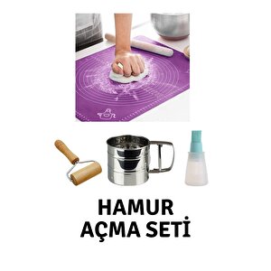 45x65 Cm Silikon Hamur Açma Matı, Çelik Un Eleği ,ahşap Saplı Hamur Açıcı, Hazneli Sos Fırçası