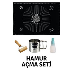 Siyah 45x65 Cm Silikon Hamur Açma Matı, Çelik Un Eleği ,ahşap Saplı Hamur Açıcı, Hazneli Sos Fırçası