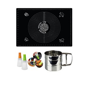Siyah 45x65 Cm Silikon Hamur Açma Matı, Çelik Un Eleği Ve Hazneli Sos, Yumurta Yağ Fırçası