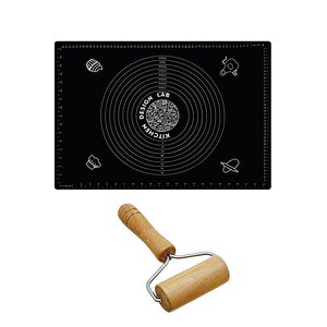 2'li Set Siyah 45x65 Cm Silikon Hamur Açma Matı Ve Pratik Ahşap Saplı Silindir Hamur Açıcı