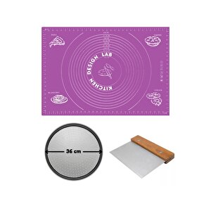 Mor Silikon Hamur Açma Matı 45 X 65 Cm, 36 Cm Pizza Tepsisi Ve Ahşap Saplı Hamur Ve Pizza Kesici