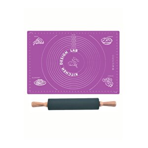 Mor 45x65 Cm Silikon Hamur Açma Matı Ve Bambu Saplı Silikon Merdane