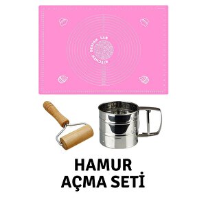 Pembe 45x65 Cm Silikon Hamur Açma Matı, Çelik Un Eleği Ve Ahşap Saplı Hamur Açıcı