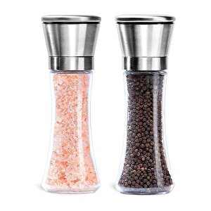 Cam Gövdeli Metal Krom Renk Kapaklı Tuz Karabiber Değirmeni Tuz Karabiber Öğütücü 19 Cm 2 Adet