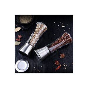 Cam Gövdeli Metal Krom Renk Kapaklı Tuz Karabiber Değirmeni Tuz Karabiber Öğütücü 19 Cm 2 Adet