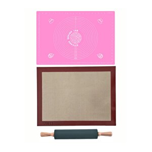 1. Sınıf Fırın Pişirme Altlığı, Pembe Ölçülü Hamur Açma Matı 45 X 65 Cm, Bambu Saplı Silikon Merdane