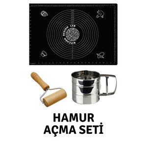 Siyah 45x65 Cm Silikon Hamur Açma Matı, Çelik Un Eleği Ve Ahşap Saplı Hamur Açıcı