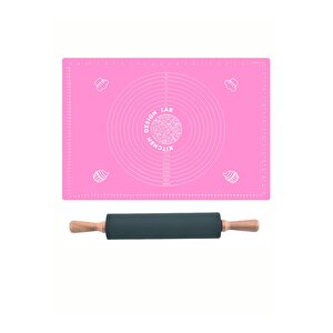 Pembe 45x65 Cm Silikon Hamur Açma Matı Ve Bambu Saplı Silikon Merdane