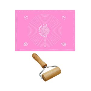 2'li Set Pembe 45x65 Cm Silikon Hamur Açma Matı Ve Pratik Ahşap Saplı Silindir Hamur Açıcı