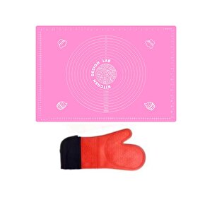2'li Set Pembe 45x65 Cm Silikon Hamur Açma Matı Ve Kırmızı Silikon Yanmaz Mutfak Fırın Eldiveni