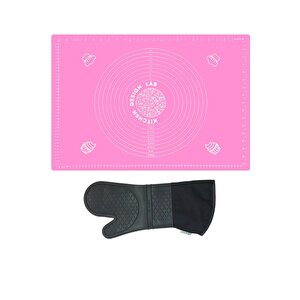 2'li Set Pembe 45x65 Cm Silikon Hamur Açma Matı Ve Gri Silikon Yanmaz Mutfak Fırın Eldiveni