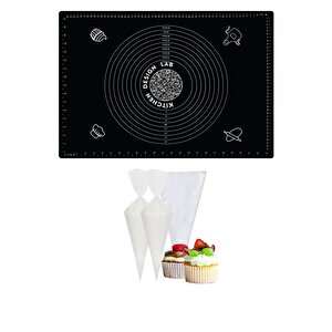 2'li Set Siyah 45x65 Cm Silikon Hamur Açma Matı Ve Kullan At Krema Torbası