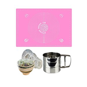 Pembe 45x65 Cm Silikon Hamur Açma Matı, Çelik Un Eleği Ve Hamur Dinlendirme Poşeti 8 Li
