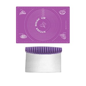 2'li Set Mor 45x65 Cm Silikon Hamur Açma Matı Ve Çelik Spatula Hamur Kesici Set