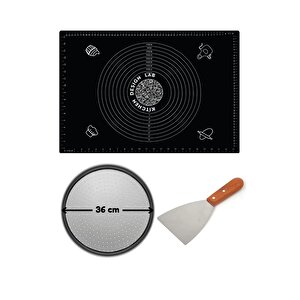 Siyah Hamur Açma Matı 45 X 65 Cm, 36 Cm Pizza Tepsisi Ve Ahşap Uzun Saplı Hamur Ve Pizza Kesici