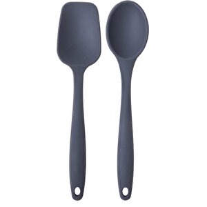Büyük Boy Yanmaz Yapışmaz Antrasit Düz Spatula Ve Kaşık Seti 2'li