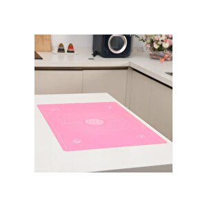 Pembe Ölçülü Hamur Açma Matı 45 X 65 Cm Ve Paslanmaz Çelik Ahşap Saplı Hamur Kesici Kazıyıcı Spatula