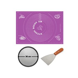 Mor Hamur Açma Matı 45 X 65 Cm, 36 Cm Pizza Tepsisi Ve Ahşap Uzun Saplı Hamur Ve Pizza Kesici