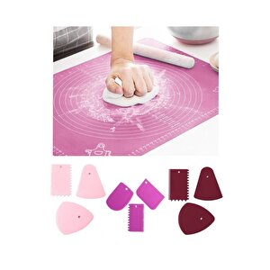2 Li Set 45x65 Cm Silikon Hamur Açma Matı Ve 3'lü Hamur Kesici Kazıyıcı Dekoratör Set