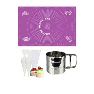 Mor 45x65 Cm Silikon Hamur Açma Matı, Çelik Un Eleği Ve Kullan At Krema Sıkma Torbası Seti