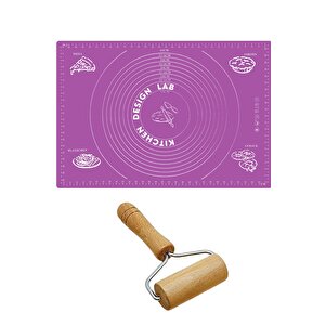 2'li Set Mor 45x65 Cm Silikon Hamur Açma Matı Ve Pratik Ahşap Saplı Silindir Hamur Açıcı