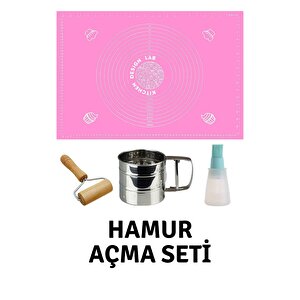 Pembe 45x65 Cm Silikon Hamur Açma Matı, Çelik Un Eleği ,ahşap Saplı Hamur Açıcı, Hazneli Sos Fırçası
