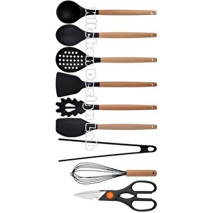 Siyah Bambu Silikon - Kepçe, Kaşık, Kevgir, Makarna, 2 Spatula, Silikon Maşa, Makas, Çırpıcı, 9 Adet
