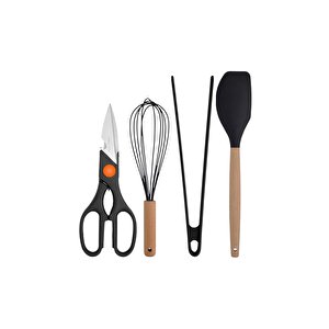 Siyah Bambu Silikon - Kepçe, Kaşık, Kevgir, Makarna, 2 Spatula, Silikon Maşa, Makas, Çırpıcı, 9 Adet