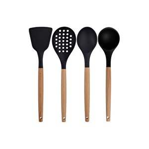 Siyah Bambu Silikon Servis Set - Kepçe, Kaşık, Kevgir, Makarna, Açılı Düz Spatula, Çırpıcı 7 Adet