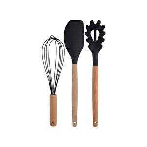 Siyah Bambu Silikon Servis Set - Kepçe, Kaşık, Kevgir, Makarna, Açılı Düz Spatula, Çırpıcı 7 Adet