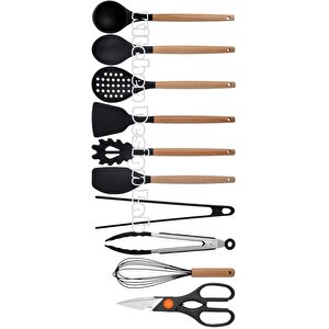 Siyah Bambu Silikon - Kepçe, Kaşık, Kevgir, Makarna, 2 Spatula, Silikon Metal Maşa, Makas, Çırpıcı