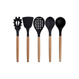 Siyah Bambu Silikon - Kepçe, Kaşık, Kevgir, Makarna, 2 Spatula, Silikon Metal Maşa, Makas, Çırpıcı