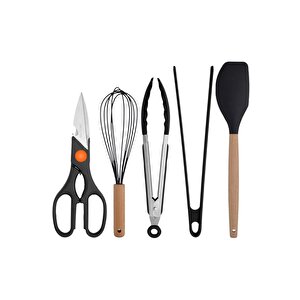 Siyah Bambu Silikon - Kepçe, Kaşık, Kevgir, Makarna, 2 Spatula, Silikon Metal Maşa, Makas, Çırpıcı