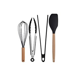 Siyah Bambu Silikon - Kepçe, Kaşık, Kevgir, Makarna, 2 Spatula, Silikon Metal Maşa, Çırpıcı 9 Adet