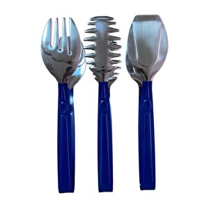 3 Parça Gümüş Mavi Paslanmaz Çelik Makarna, Salata, Pasta Maşa Seti Paslanmaz Çelik
